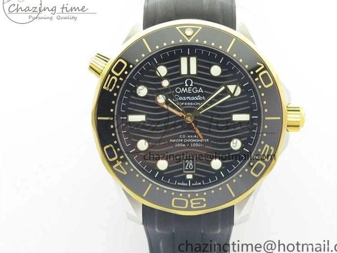 0218 Seasonal 2018 Seamaster Diver 300M SS YG VSF 1:1 Best Edition YG Bezel Black Dial on Black Rubber Strap A 7934